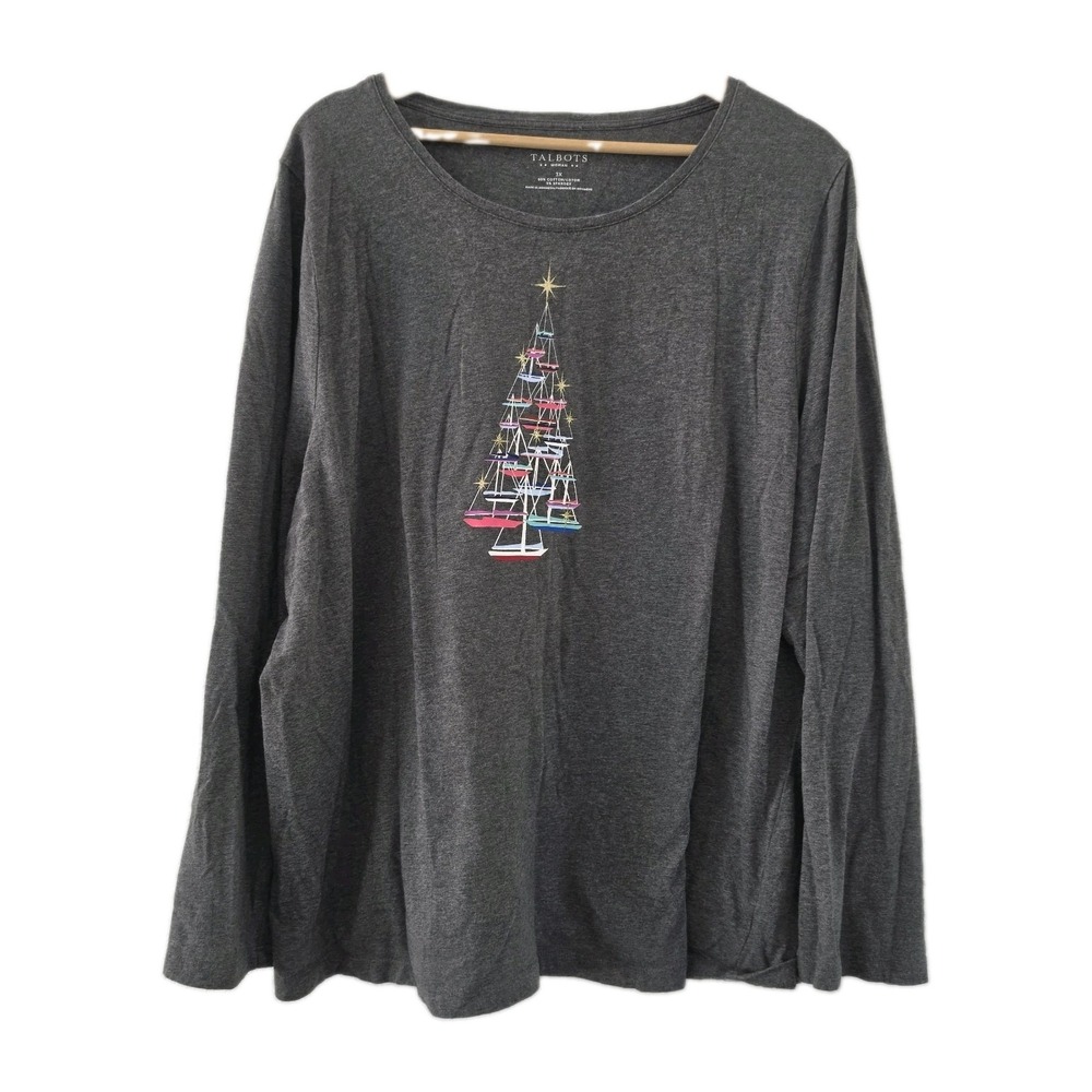 TALBOTS Womens Sz 3X Long Sleeve Pretty grey sailboat Top Pull Over Gorgeous